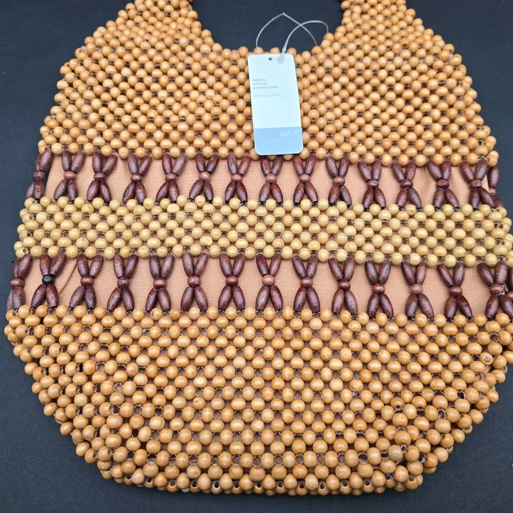 Apt. 9 Wood Beaded Hobo Bag Natural Brown Boho Summer Handbag NWT KB55211